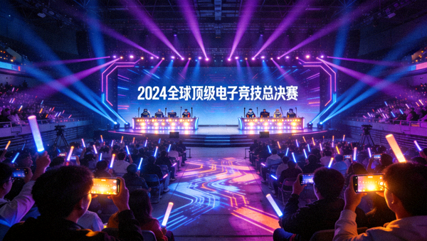 全球顶级电子竞技总决赛现场酷炫光效与观众座席